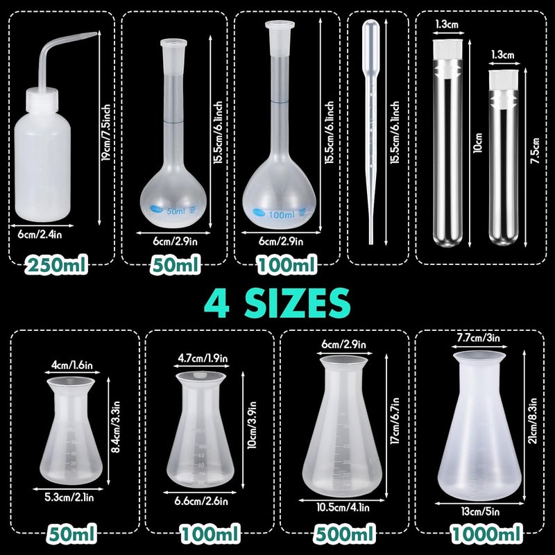 Kingdder 58 Pcs Plastic Beakers Set Include 6 Graduated Cylinder 7 Beakers 6 Flask 10 Droppers 1 Wash Bottle 20 Test Tubes with Rack 2 Brush 5 Funnel for Home Science Lab Party DIY - Image 4